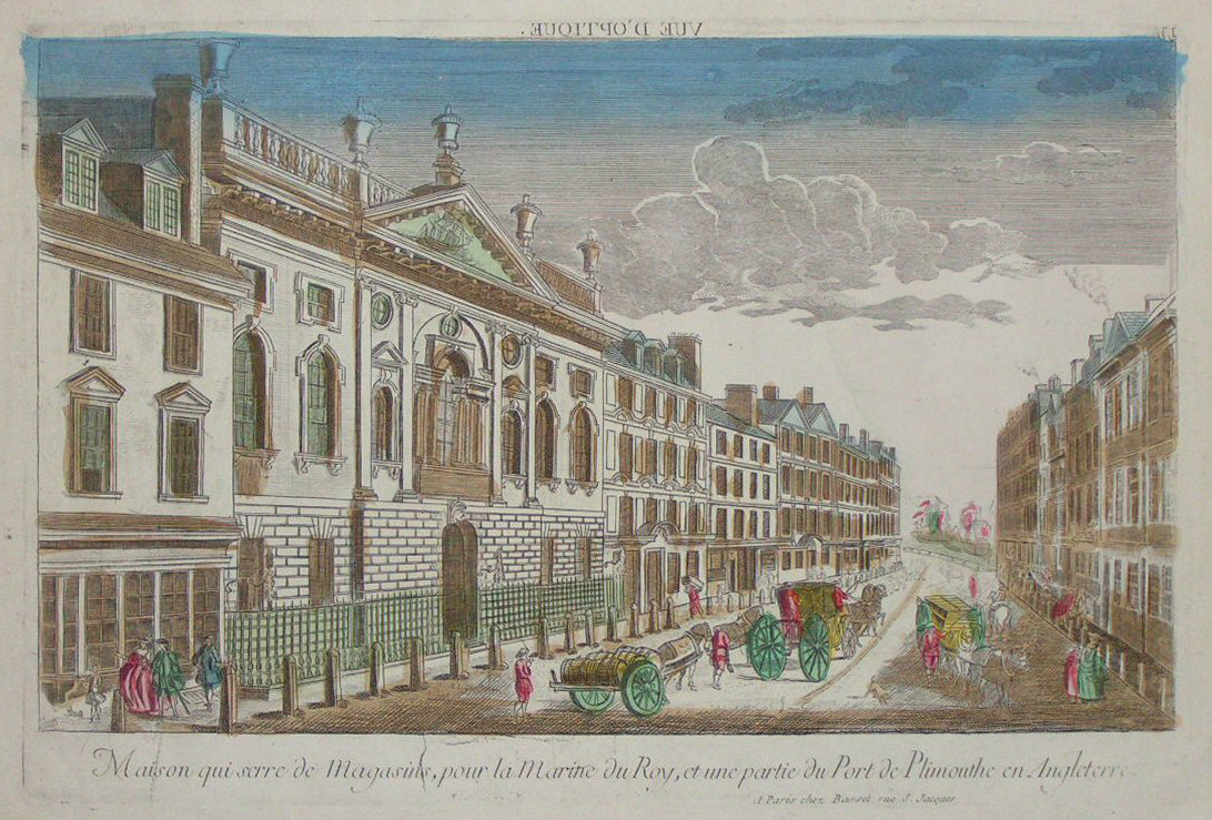 Print - Vue d'Optique. Maison qui serre de Magasins, pour la Marine du Roy, et une parti du Port de Plimouthe en Angleterre